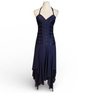 BCBGMaxAzria Navy Silk Y2K Dress Handkerchief Hem Formal Gown 90s